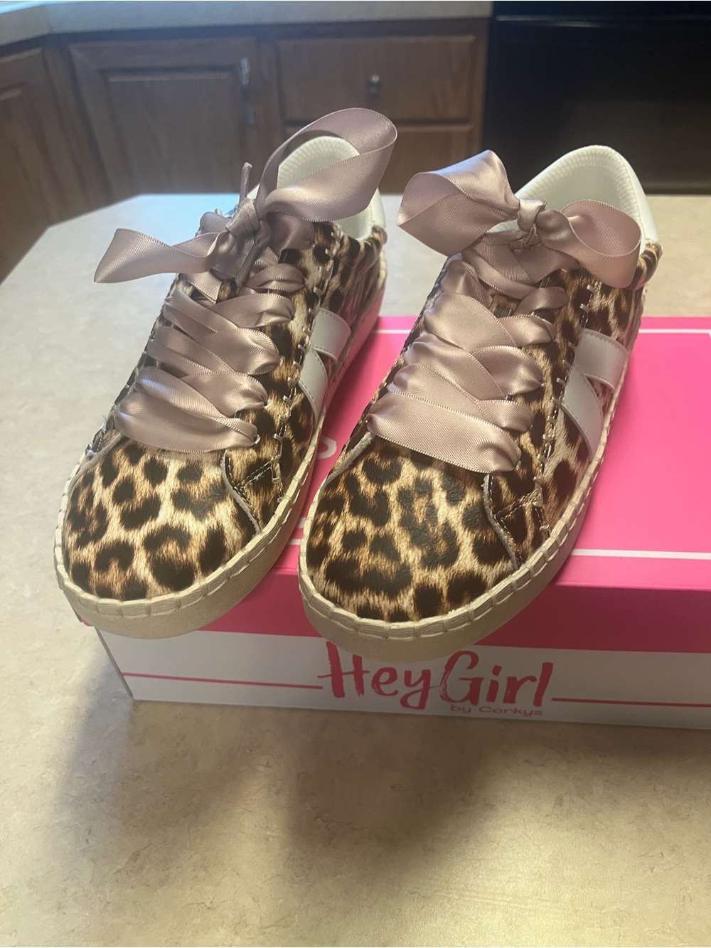 Corkys Leopard Print Sneakers with Satin Taupe Ribbons